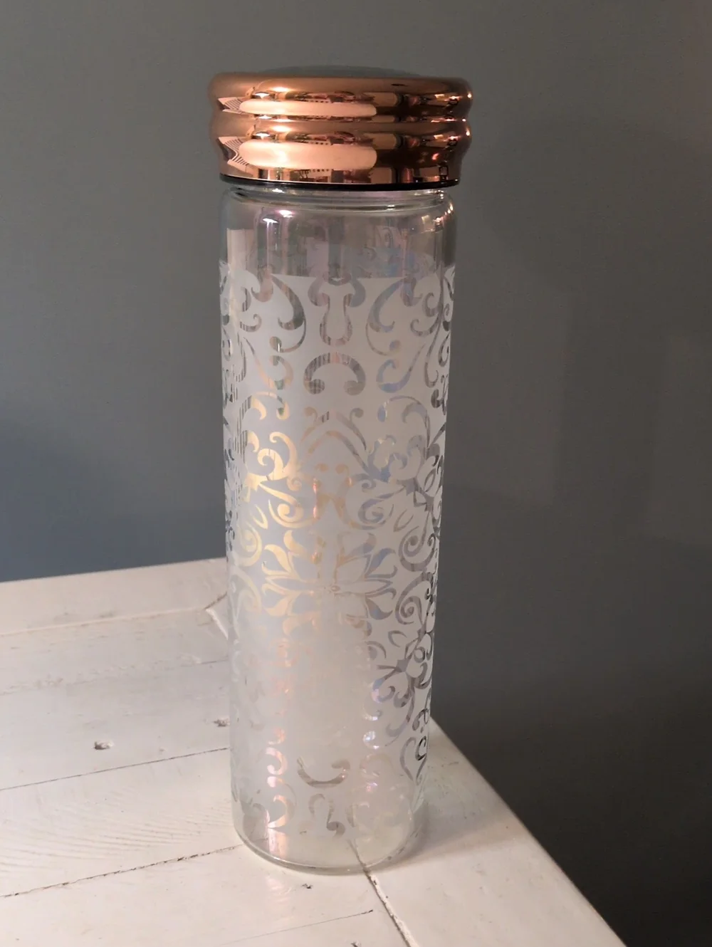 Decorative Glass Vase with Rose Gold Lid - White Filigree